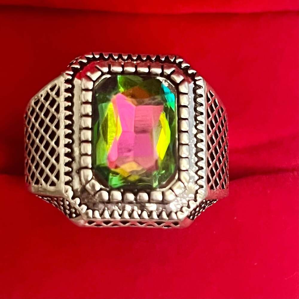 Mystic Topaz Tungsten Ring Turkish Handmade Silver Band with Ornate Design Size